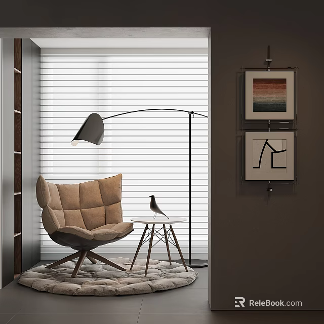Modern Comfortable Leisure Chair With Beige Cushion Floor Lamp And Wall Art Near Window Blinds 3d model 