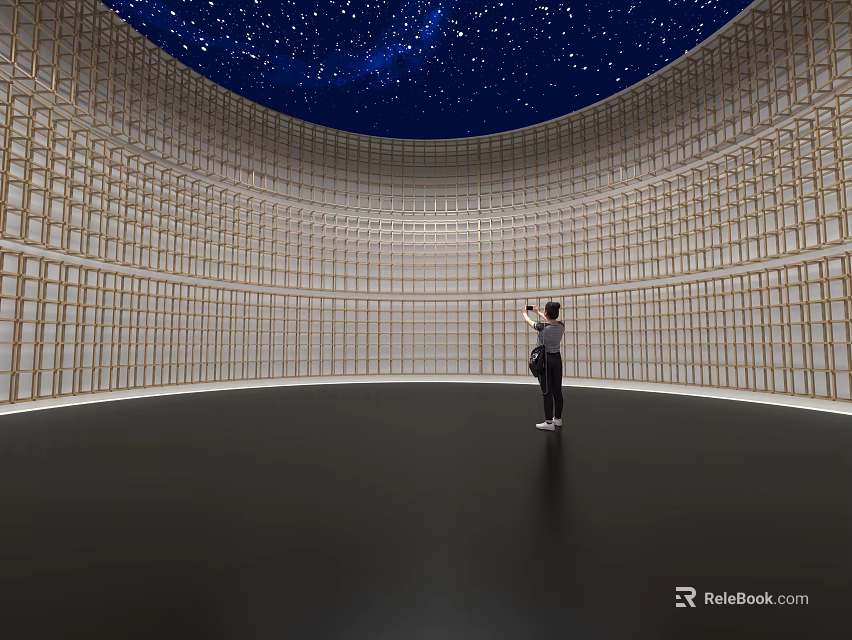 Beautiful Cultural Center With Circular Space Starry Sky Ceiling Wooden Lattice Walls And Person Standing 3d model 