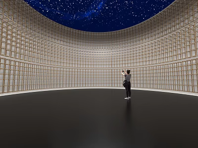 Beautiful Cultural Center With Circular Space Starry Sky Ceiling Wooden Lattice Walls And Person Standing 3d model