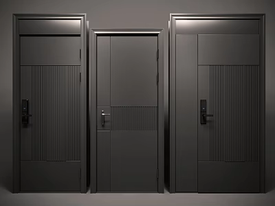 Three Modern Security Doors Featuring Vertical Striped Panels Stainless Steel Construction Ergonomic Handle Lock System 3d model