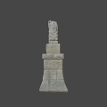 Mythical Stone Lion Statues As Game And Movie Characters With Ancient Pedestal And Red Symbol