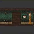 Vintage Interior Scene Model With Green Walls Brown Door Red Carpet And Grandfather Clock