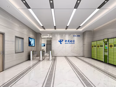 China Telecom Lobby Interior With Marble Floor Turnstiles Lockers And Screens 3d model