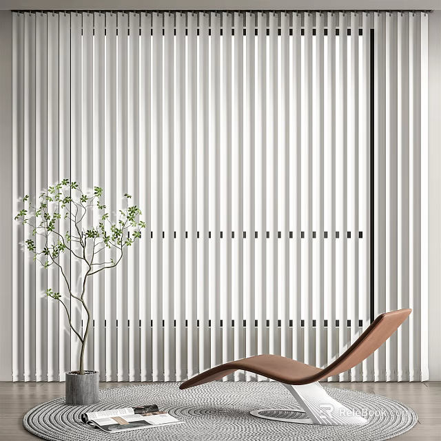 Contemporary Brown Lounge Chair Against Vertical Striped White Backdrop With Green Plant In Gray Pot 3d model 