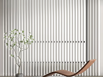 Contemporary Brown Lounge Chair Against Vertical Striped White Backdrop With Green Plant In Gray Pot 3d model