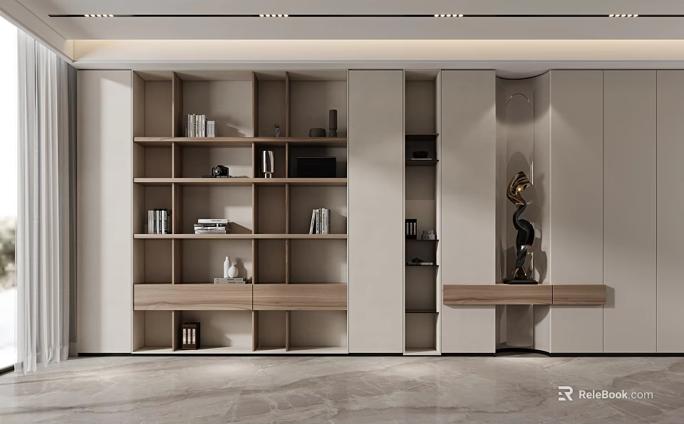 Modern Built-in Wine Cabinet With Multiple Shelves Compartments Decorative Sculpture Light Wood And White Panels 3d model 