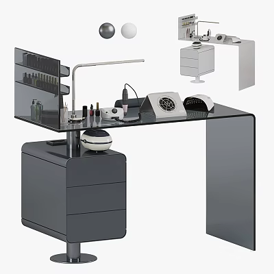 Modern Glass Top Desk With Dark Drawer Cabinet Lamp And Stationery 3d model
