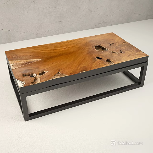 Natural Wooden Side Table With Live Edge Design And Black Metal Frame 3d model 
