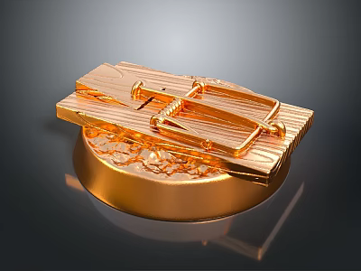 Golden Household Mousetrap With Wooden Plate And Metal Spring Mechanism Displayed On Base 3d model
