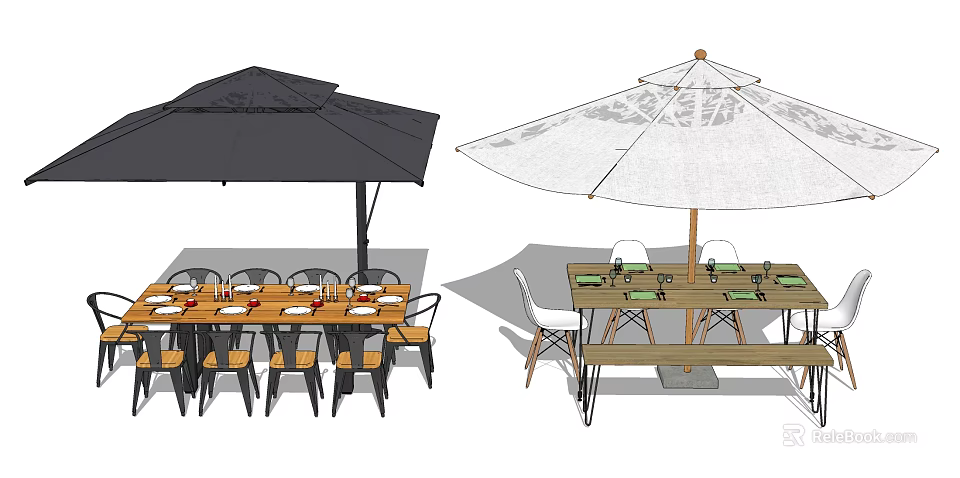 Outdoor Table And Chair Set With Black And White Umbrellas For Patio Seating 3d model 