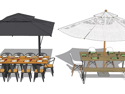 Outdoor Table And Chair Set With Black And White Umbrellas For Patio Seating 3d model