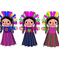 Colorful Hand Carved Doll Sculptures With Braided Hair And Striped Dresses On Pink Background