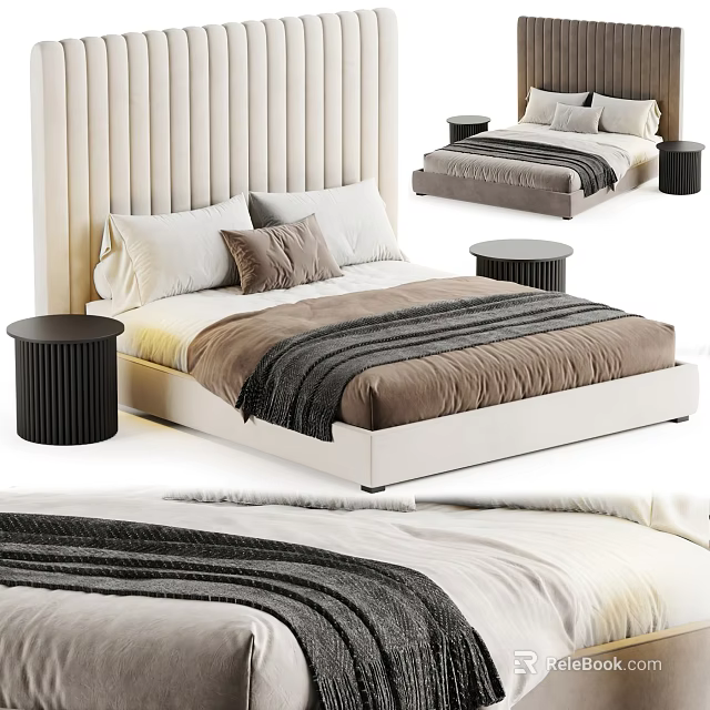 Modern Double Bed With Striped Headboard Plush Pillows And Round Side Tables 3d model 