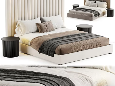 Modern Double Bed With Striped Headboard Plush Pillows And Round Side Tables 3d model