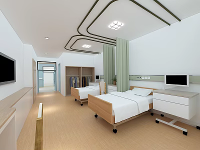 Hospital Ward Interior Featuring Two Beds White Sheets TV And Green Curtains 3d model