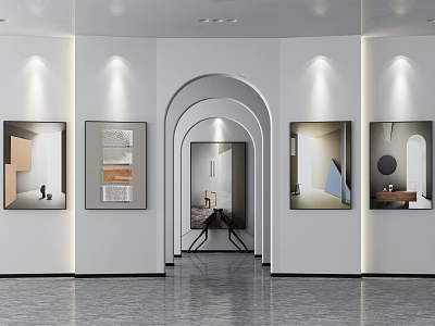 Modern Art Gallery Interior With Archway Wall Paintings And Ceiling Lights 3d model