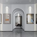 Modern Art Gallery Interior With Archway Wall Paintings And Ceiling Lights 3d model