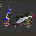 Blue And White Modern Scooter With Black Seat And Reflective Surface On Dark Background
