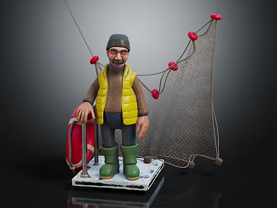 Man Wearing Hat Yellow Vest Dark Pants Green Boots Holding Red Lifebuoy With Fishing Net 3d model