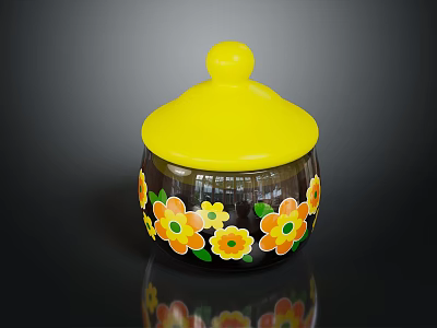 Decorative Glass Storage Jar With Yellow Lid And Colorful Flower Patterns 3d model