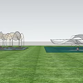 Modern Outdoor Pergola Design With Glass Canopy And Geometric Structure In Garden Grass Landscape