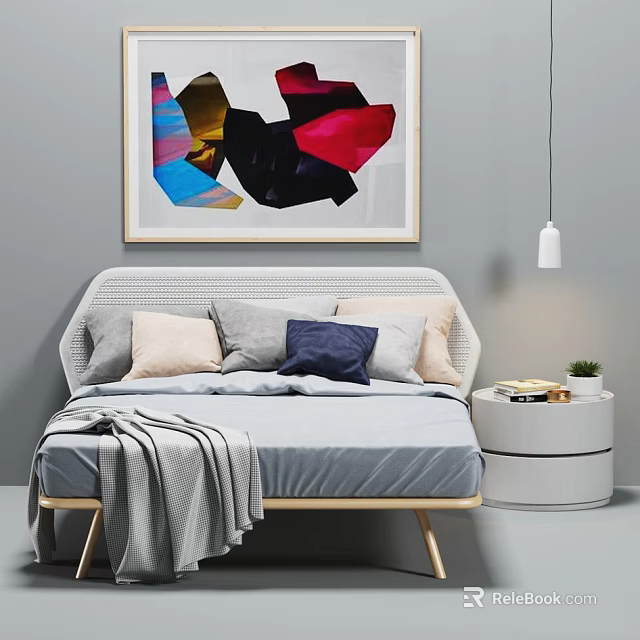 Modern Double Bed with Woven Headboard Colorful Pillows Gray Blanket and White Nightstand 3d model 