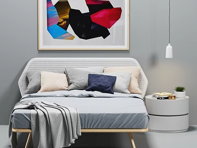 Modern Double Bed with Woven Headboard Colorful Pillows Gray Blanket and White Nightstand 3d model