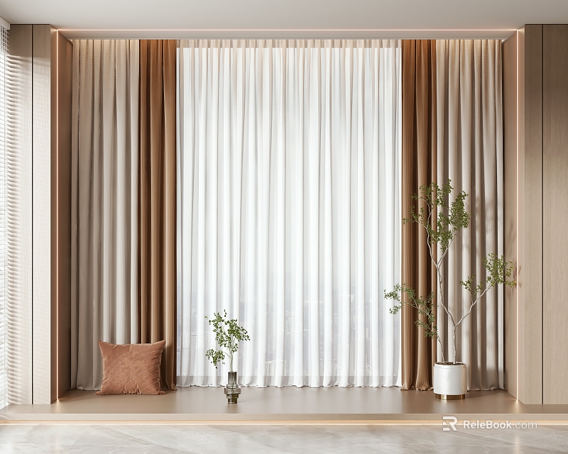 Elegant Interior Curtain Design With Beige Brown White Panels Lightweight Fabric And Green Plants 3d model 