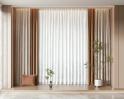 Elegant Interior Curtain Design With Beige Brown White Panels Lightweight Fabric And Green Plants 3d model