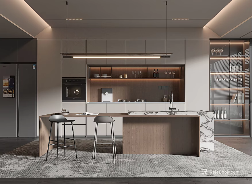 Modern Restaurant Interior Design With Wooden Island Marble Counter Pendant Lights And Bar Stools 3d model 