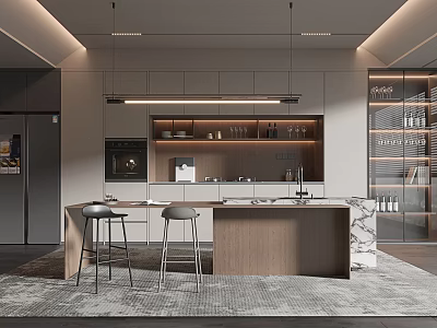Modern Restaurant Interior Design With Wooden Island Marble Counter Pendant Lights And Bar Stools 3d model