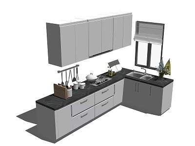 Modern Kitchen Design With Wall Base Cabinets Black Countertop Sink And Window 3d model