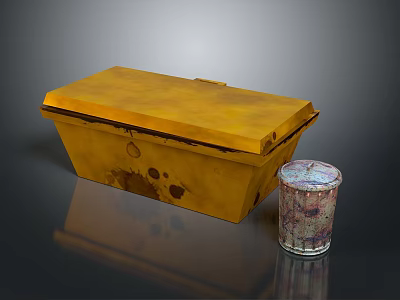 Vintage Stained Yellow Box With Patterned Ceramic Cup On Reflective Surface 3d model