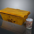 Vintage Stained Yellow Box With Patterned Ceramic Cup On Reflective Surface