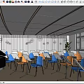 School Music Room Interior With Piano Blue Orange Chairs Music Stands And Linear Ceiling Lights