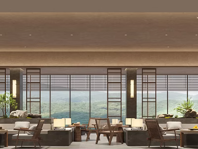 Hotel Public Lounge Area With Large Window Blinds Mountain View And Comfortable Seating 3d model