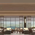 Hotel Public Lounge Area With Large Window Blinds Mountain View And Comfortable Seating