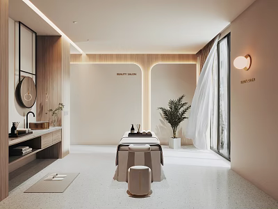 Modern SPA Sauna Interior Design With Massage Table Potted Plant And Natural Light 3d model