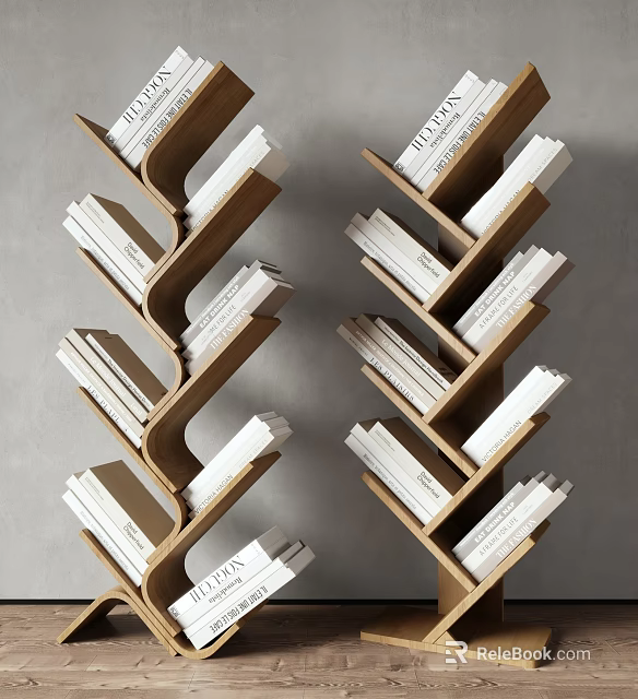 Modern Wooden Bookcase with Unique Zigzag Design and Stacked Books on Shelves 3d model 