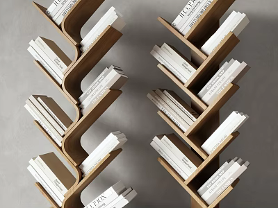 Modern Wooden Bookcase with Unique Zigzag Design and Stacked Books on Shelves 3d model