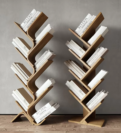 Modern Wooden Bookcase with Unique Zigzag Design and Stacked Books on Shelves 3d model
