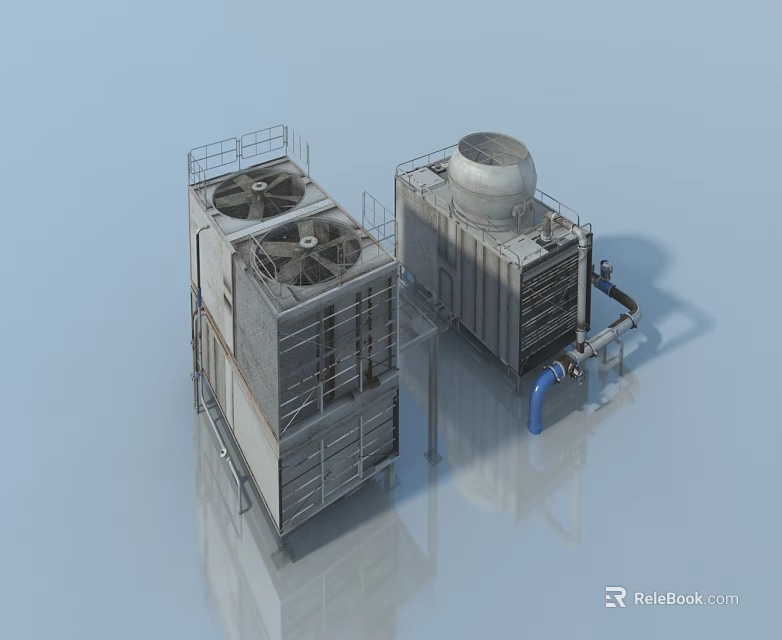 Industrial Swing Door Structure On Cooling Tower With Metal Frames And Pipes 3d model 