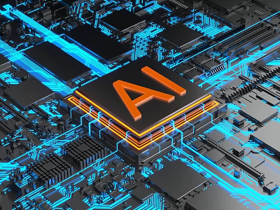 Advanced Computer Chip with AI Technology and Circuit Board Featuring Blue Glow 3d model