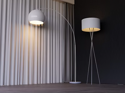 Modern Arched and Tripod Floor Lamps with White Shades Curtains Dark Wall Wooden Floor 3d model