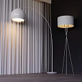 Modern Arched and Tripod Floor Lamps with White Shades Curtains Dark Wall Wooden Floor