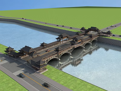Traditional Chinese Bridge With Pavilions Spanning River And Green Grass Surroundings 3d model