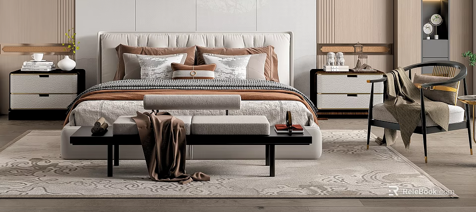 Modern Luxury Bedroom Interior With White Headboard Brown Pillows Gray Bench Nightstand And Carpet 3d model 