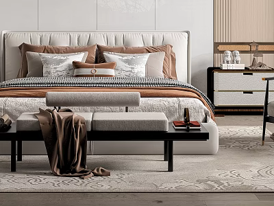 Modern Luxury Bedroom Interior With White Headboard Brown Pillows Gray Bench Nightstand And Carpet 3d model