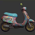Vintage Pink Scooter With Colorful Graffiti Blue Seat And Good Lettering