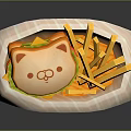 Cat Shaped Burger With French Fries In Basket And Pink Striped Napkin